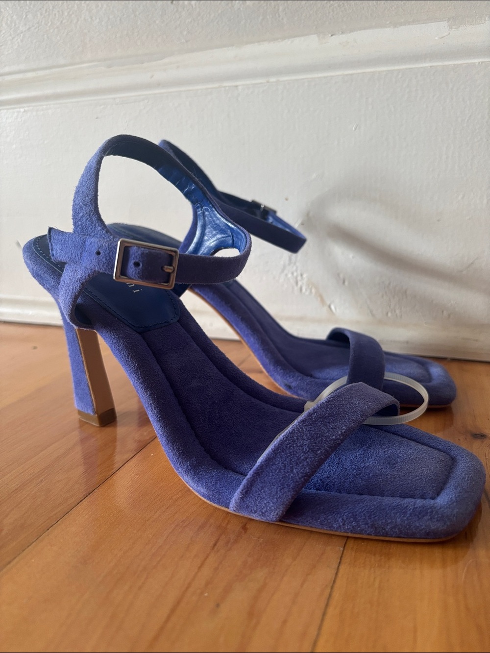 Blue Suede Ankle-Strap Heeled Sandals